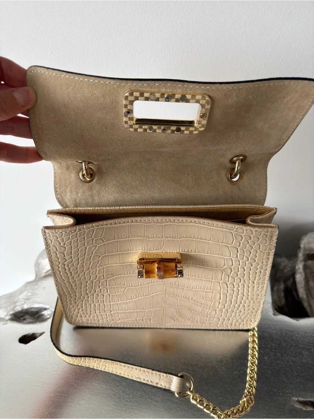 Leather Croc-Embossed Top-Handle Bag w/ Bamboo Accent | Made in Italy | Neutral
